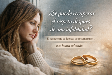Mujer reflexionando tras una infidelidad y anillos de pareja simbolizando la reconstrucción del respeto en la relación