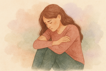 abandono emocional por amor. Ilustración digital estilo acuarela de una mujer sentada en posición introspectiva, con expresión de tristeza serena, rodeada de tonos suaves y armoniosos en rosa empolvado, verde y lila. Evoca duelo, autoabandono y el inicio de la sanación emocional.