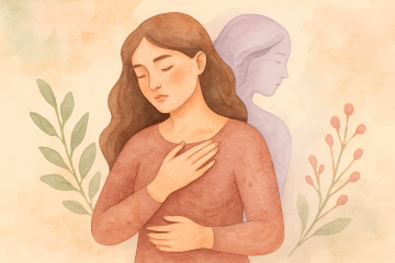 Ilustración en acuarela de una mujer con expresión serena y gesto introspectivo, acompañada por una figura etérea al fondo y elementos botánicos suaves, simbolizando la conexión entre cuerpo, alma y sanación emocional.
