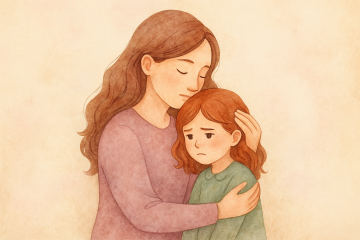 sanar celos niña interior. Ilustración acuarela de una mujer abrazando con ternura a su niña interior, evocando sanación emocional y cuidado interno.