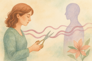 vínculos energéticos y sanación cuántica. Ilustración acuarelada de una mujer cortando un cordón energético con una figura etérea, simbolizando la liberación de vínculos energéticos