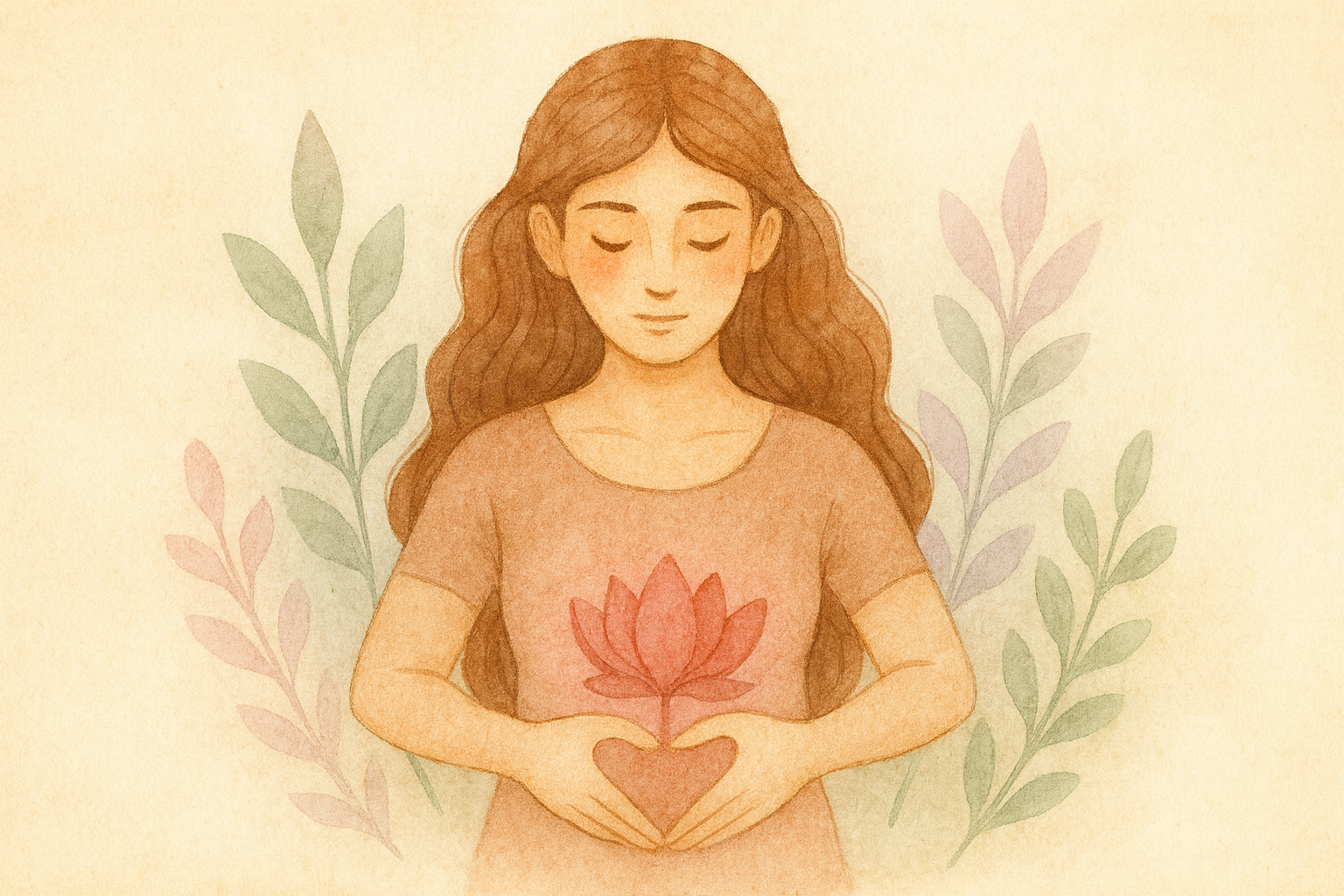 Ilustración en acuarela de una mujer serena con las manos en forma de corazón sobre su útero, de donde brota una flor de loto, rodeada de hojas suaves en tonos verdes y rosados.