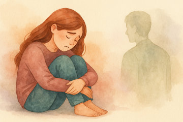 heridas cuando alguien te ignora. Ilustración en acuarela de una mujer triste, sentada con las rodillas recogidas, que simboliza las heridas emocionales que se activan cuando alguien la ignora.