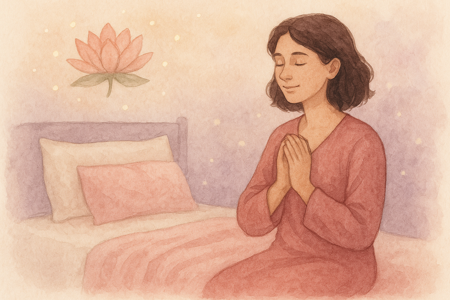 Ilustración acuarela digital de una persona agradeciendo y cerrando su energía antes de dormir.
