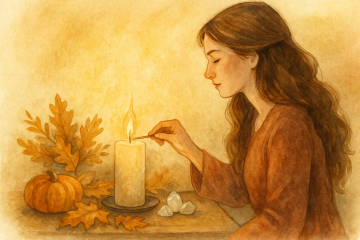 Ritual de Samhain para cierre de ciclo y renovación energética, mujer encendiendo una vela en un altar otoñal con hojas doradas.