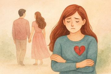 herida de rechazo vínculos. Ilustración en acuarela de una mujer con gesto triste y brazos cruzados, con un corazón roto en el pecho, mientras una pareja se aleja de la escena, simbolizando la herida de rechazo en las relaciones.