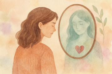 no fue una relacion fue un reflejo. Ilustración en acuarela de una mujer mirando su reflejo en el espejo, que muestra un yo interior herido, simbolizando vínculos espejo y sanación emocional.