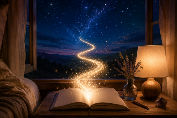Cuaderno abierto sobre una mesita de noche del que nace un sendero de luz que asciende hacia un cielo lleno de estrellas durante la noche
