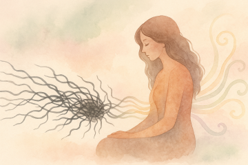 cuando lo energético no fluye. Ilustración en acuarela de una mujer en calma, con líneas oscuras que representan bloqueos energéticos y ondas de luz que simbolizan la apertura y el fluir de la vida.