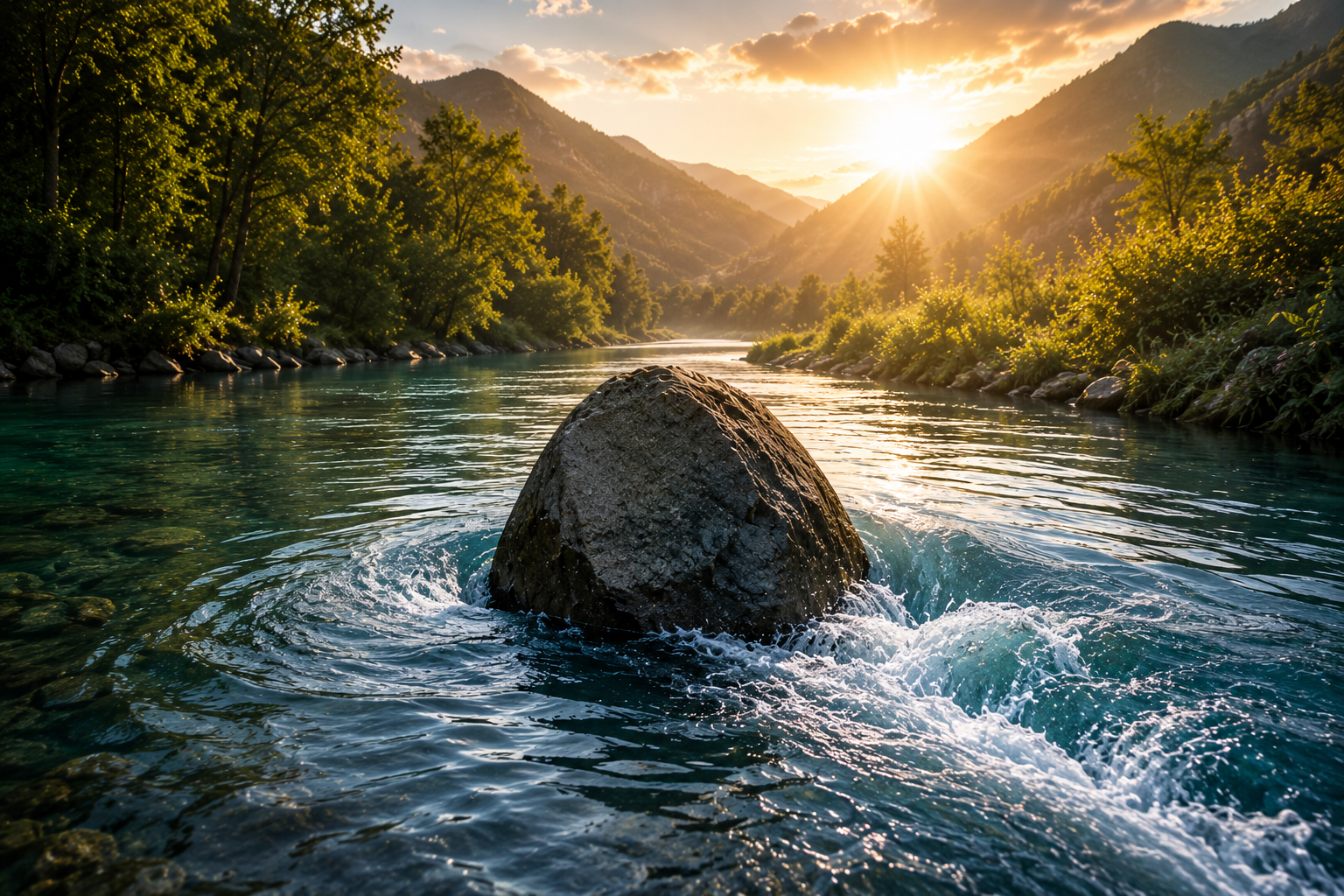 Gran roca bloqueando parcialmente el flujo de un río mientras el agua se acumula a su alrededor, simbolizando bloqueos internos, creencias limitantes y obstáculos que dificultan la abundancia económica.