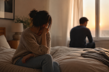 Mujer sentada en una cama sintiendo distancia emocional en su relación mientras un hombre mira por la ventana al atardecer.