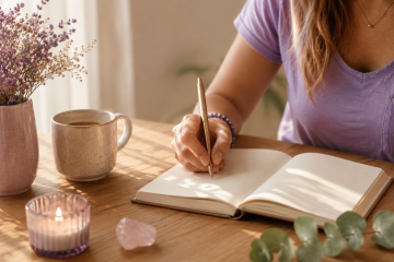 Mujer escribiendo conscientemente en un cuaderno para conectar con su mantra del día y su energía interior