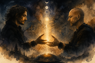 Ilustración en acuarela de dos figuras sosteniendo una luz energética entre sus manos en un ambiente ritual y musical de sanación espiritual.