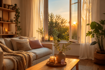 Hogar cálido y luminoso con ventanas abiertas y luz natural creando una sensación de calma y protección energética