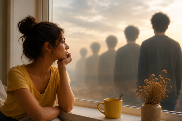 Mujer con camiseta amarilla mirando por la ventana mientras reflexiona sobre patrones repetitivos en sus relaciones de pareja.