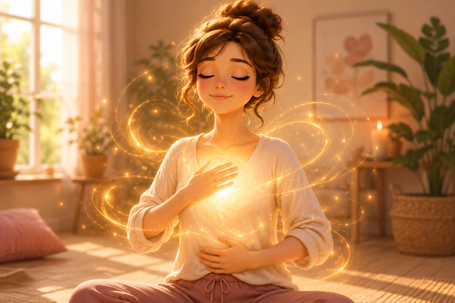 Mujer realizando una respiración consciente con luz dorada alrededor del pecho y el cuerpo