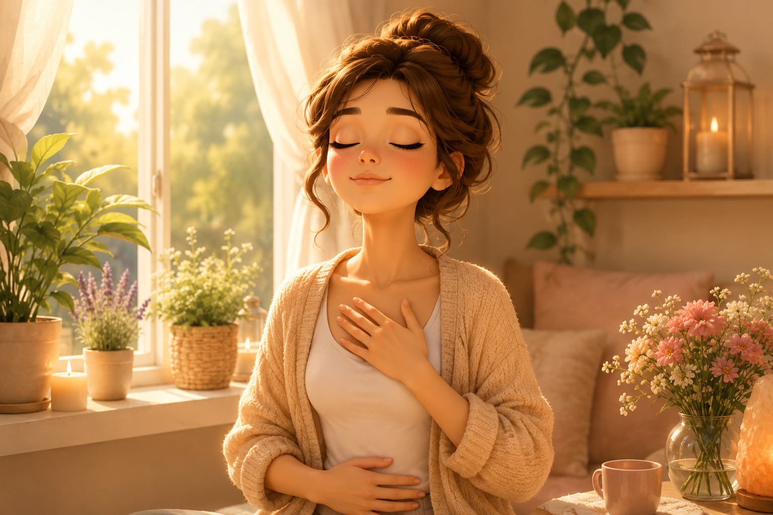 Mujer practicando respiración consciente junto a una ventana luminosa en un ambiente cálido y tranquilo