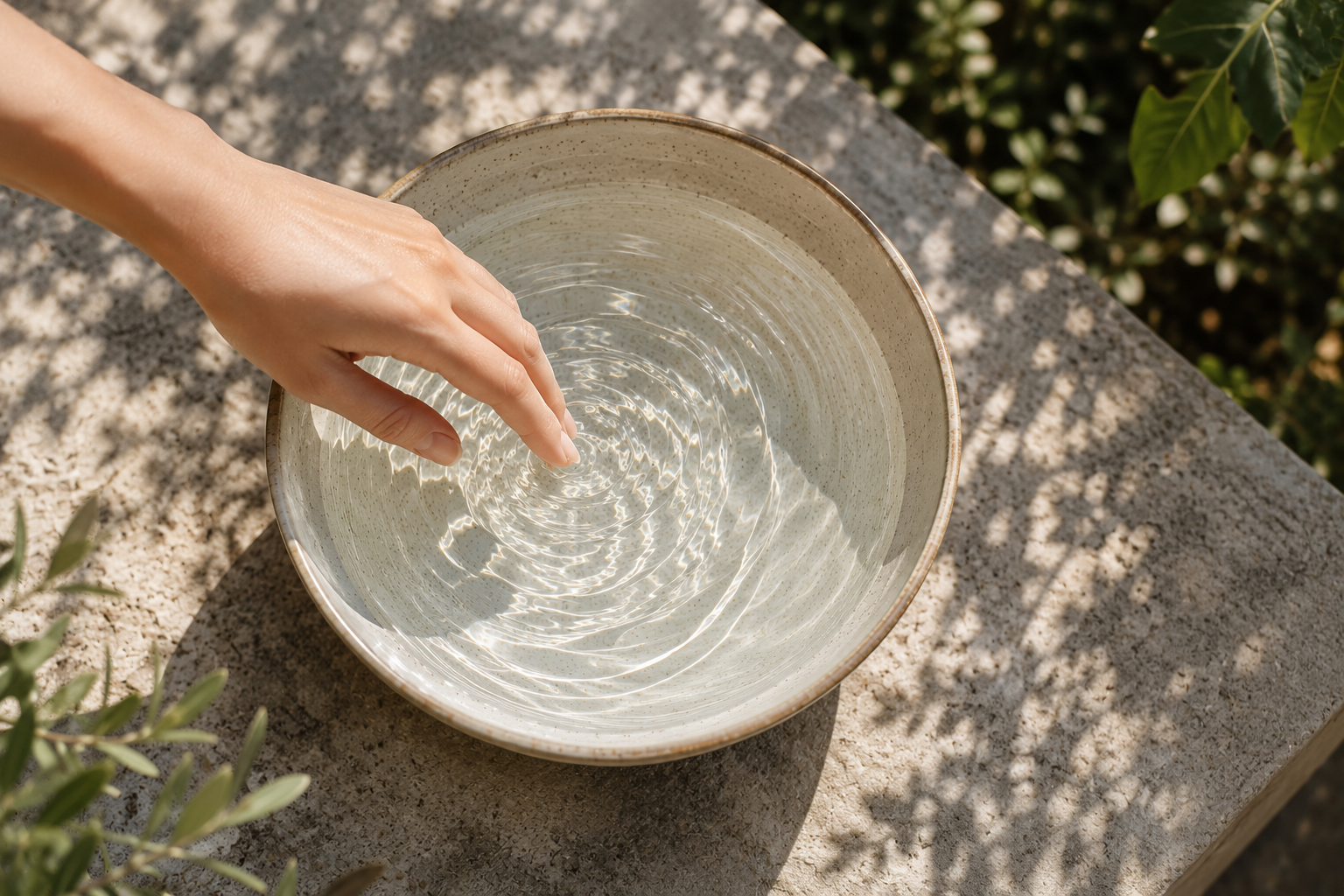 Cuenco de agua con ondas suaves y una mano tocando el agua en una terraza luminosa rodeada de naturaleza, simbolizando claridad y calma interior