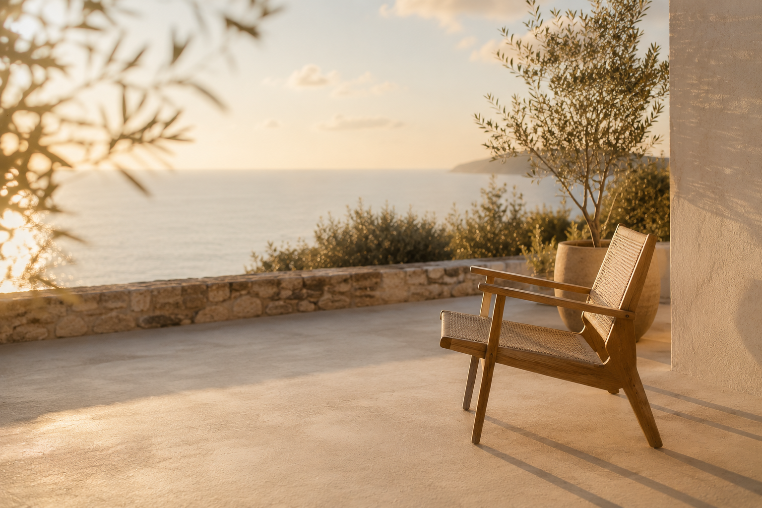 Terraza luminosa con una silla frente al mar al atardecer, transmitiendo calma mental, amplitud y claridad interior