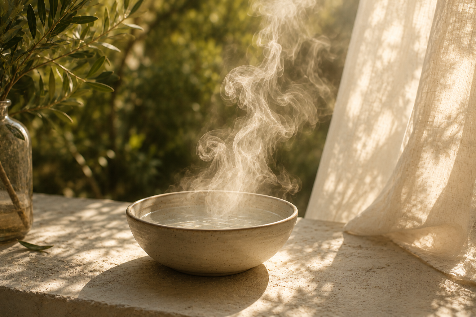 Bol de agua con vapor elevándose suavemente junto a una tela movida por el aire y luz cálida natural, simbolizando claridad y reorganización interior