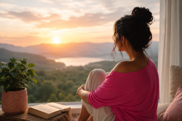 Mujer de cabello oscuro contemplando el atardecer junto a una ventana mientras inicia un proceso de sanar una infidelidad sin culparse.