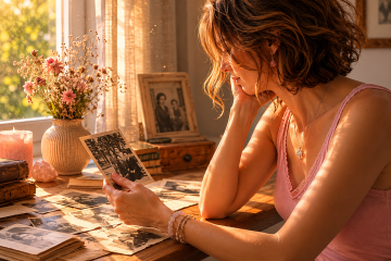 Mujer observando fotografías antiguas mientras reflexiona sobre el peso emocional del linaje familiar.