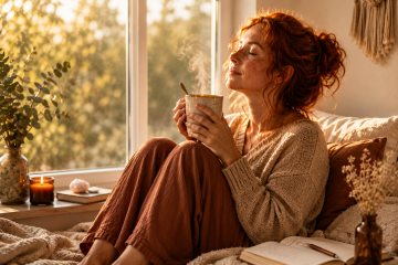 Mujer pelirroja con pecas descansando junto a una ventana con una taza caliente en un ambiente cálido y sereno, simbolizando autocuidado y bienestar en procesos de endometriosis.