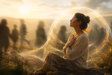 Mujer en calma protegiendo su campo energético mientras recupera equilibrio y bienestar interior en un entorno de luz suave.