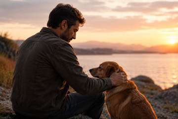 Hombre joven sentado junto a su perro al atardecer mientras lo acaricia con ternura, simbolizando la capacidad de seguir amando y mantener el corazón abierto después de atravesar momentos difíciles.