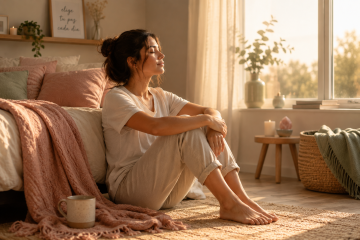 Mujer sentada junto a una cama en un momento de calma y reconexión emocional tras una relación tóxica