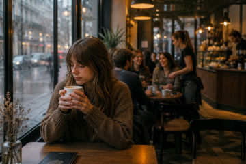 Mujer sentada junto a una ventana en una cafetería, reflejando la sensación de sentirse sola en una relación de pareja.
