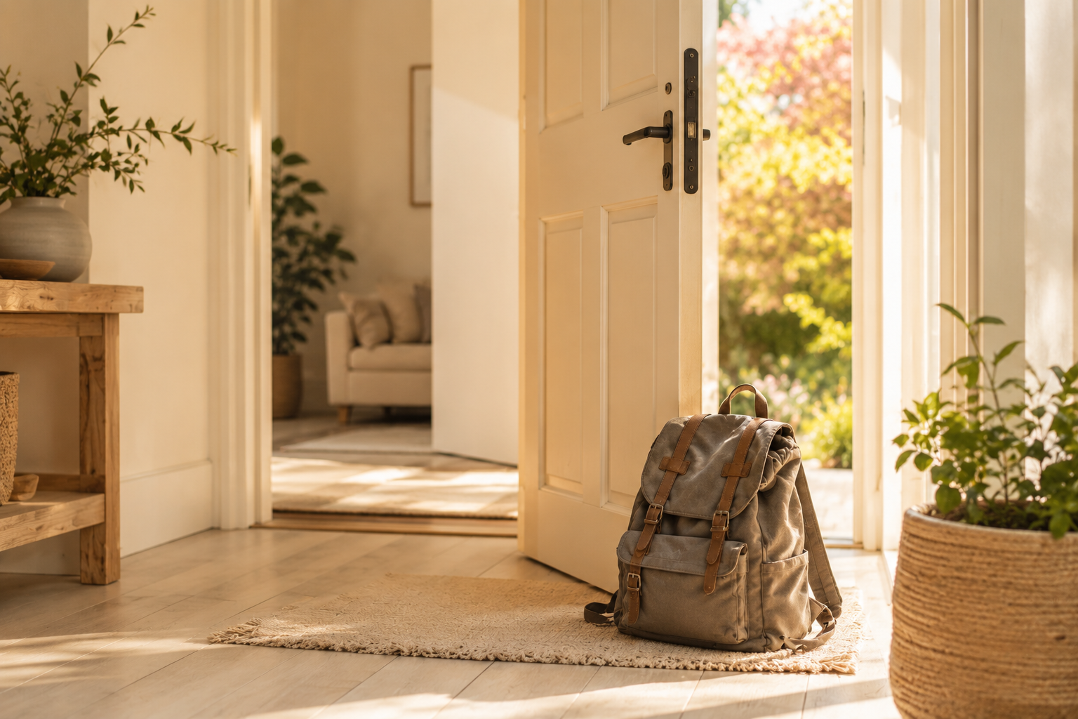 Mochila dejada junto a la puerta de casa en un espacio luminoso y tranquilo, simbolizando soltar las cargas emocionales y energéticas al final del día.