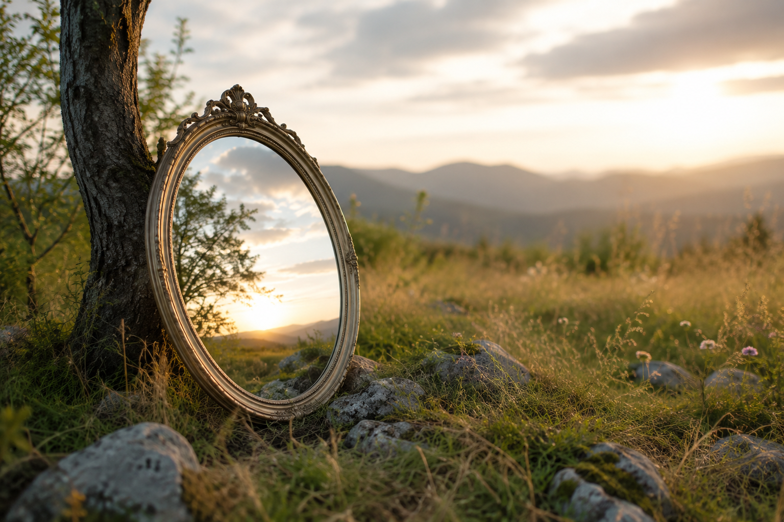 Espejo antiguo apoyado en la naturaleza al atardecer simbolizando el regreso a uno mismo, la introspección y el equilibrio interior