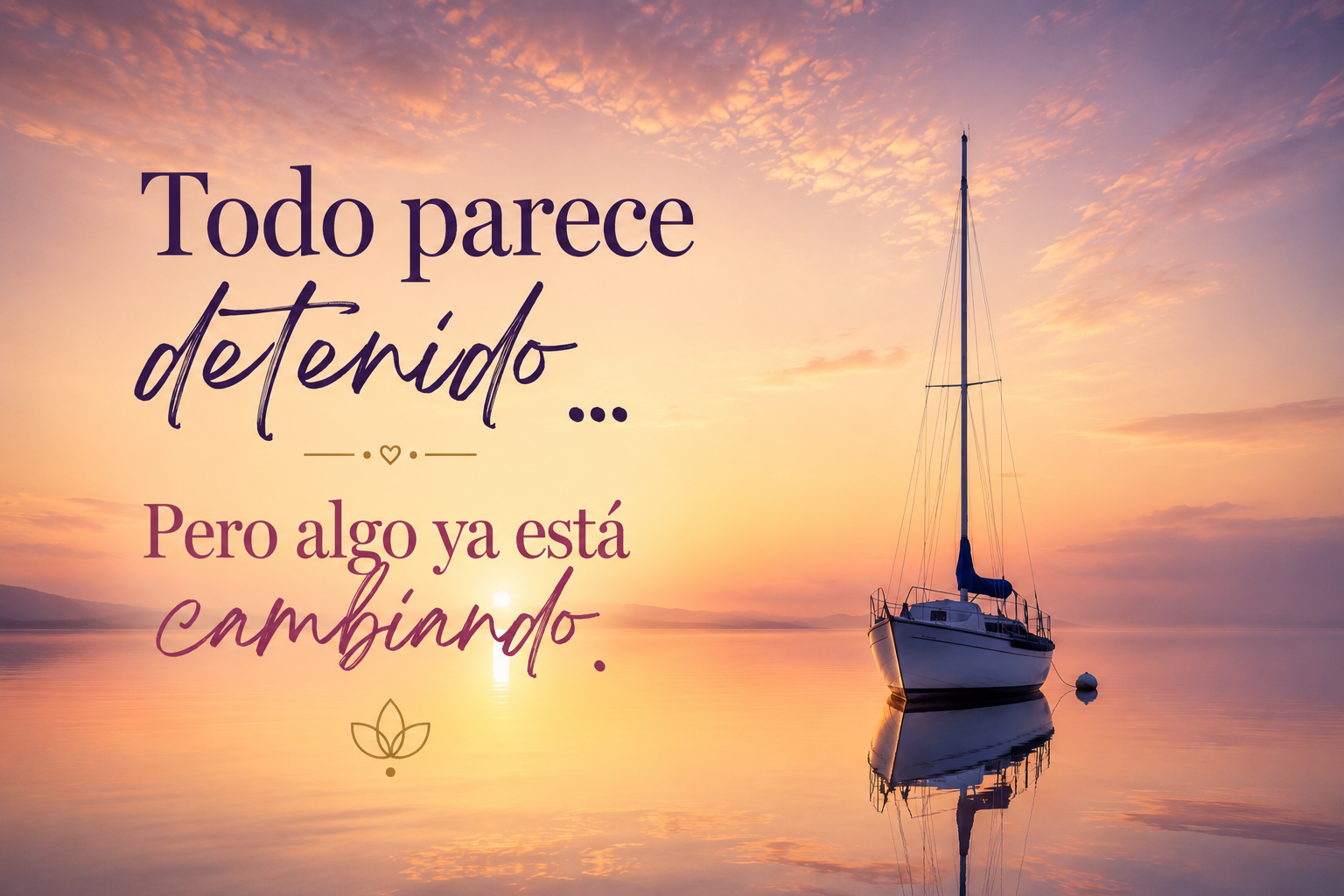 Velero inmóvil sobre aguas tranquilas al amanecer, símbolo de los momentos en los que todo parece detenido mientras se produce una transformación interior.