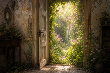Puerta abierta en una casa antigua que conduce a un jardín secreto lleno de flores y luz, símbolo de las emociones y memorias que habitan en el interior femenino.