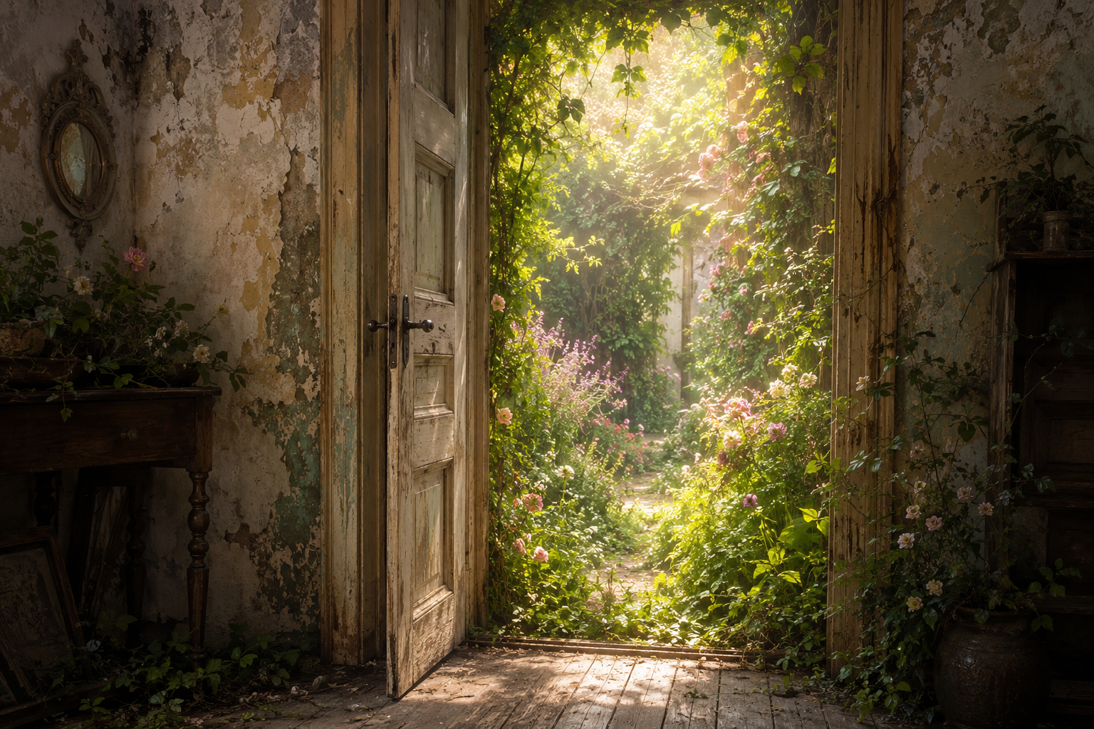 Puerta abierta hacia un jardín secreto lleno de luz y flores, símbolo de las emociones y memorias que habitan en el interior femenino