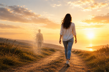 Mujer caminando hacia el amanecer mientras una figura difusa se desvanece detrás de ella, simbolizando la liberación de vínculos energéticos y el cierre de ciclos.