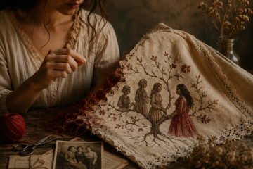 Mujer deshaciendo un bordado antiguo con figuras femeninas de distintas generaciones, símbolo de la liberación de emociones y patrones heredados del linaje femenino.