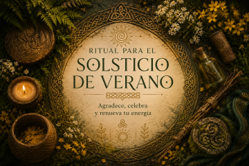 Composición inspirada en Litha y el solsticio de verano con símbolos celtas, flores silvestres y elementos rituales asociados a la celebración de la luz.