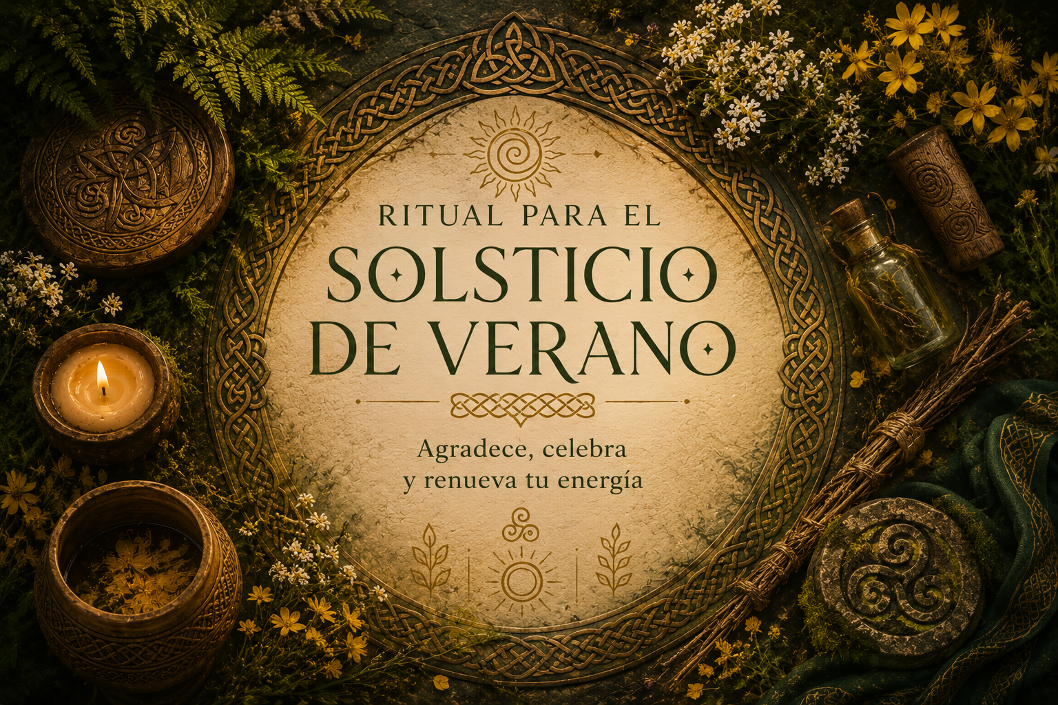 Composición inspirada en Litha y el solsticio de verano con símbolos celtas, flores silvestres y elementos rituales asociados a la celebración de la luz.