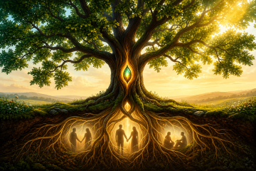 Ilustración mística de un árbol genealógico con raíces luminosas doradas que conectan con figuras ancestrales, simbolizando la sanación del árbol genealógico y la liberación de mandatos familiares.