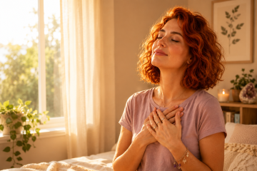 Mujer pelirroja de cabello corto y ondulado con los ojos cerrados y las manos sobre el corazón, transmitiendo calma y alivio emocional. Imagen relacionada con sanar sin hablar, terapia energética y liberación emocional sin revivir el dolor.
