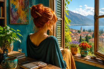 Mujer pelirroja contemplando el paisaje desde una ventana como símbolo de recuperar su identidad tras vivir un abandono emocional por amor.