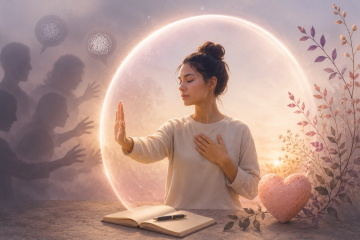 Mujer estableciendo límites personales con serenidad mientras protege su bienestar emocional y energético.