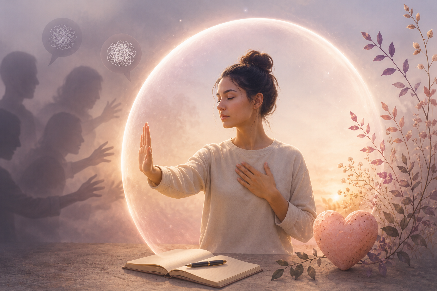 Mujer estableciendo límites personales con serenidad mientras protege su bienestar emocional y energético.