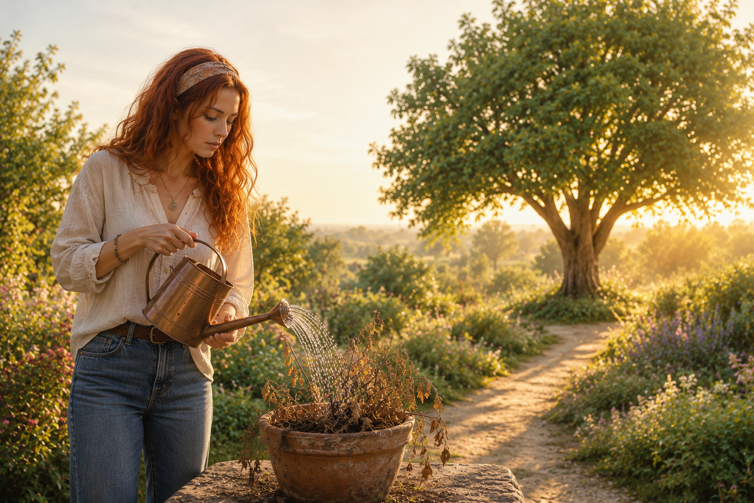 Mujer regando una planta seca mientras un gran árbol lleno de vida crece a pocos metros, símbolo del autoengaño en las relaciones y del amor propio.