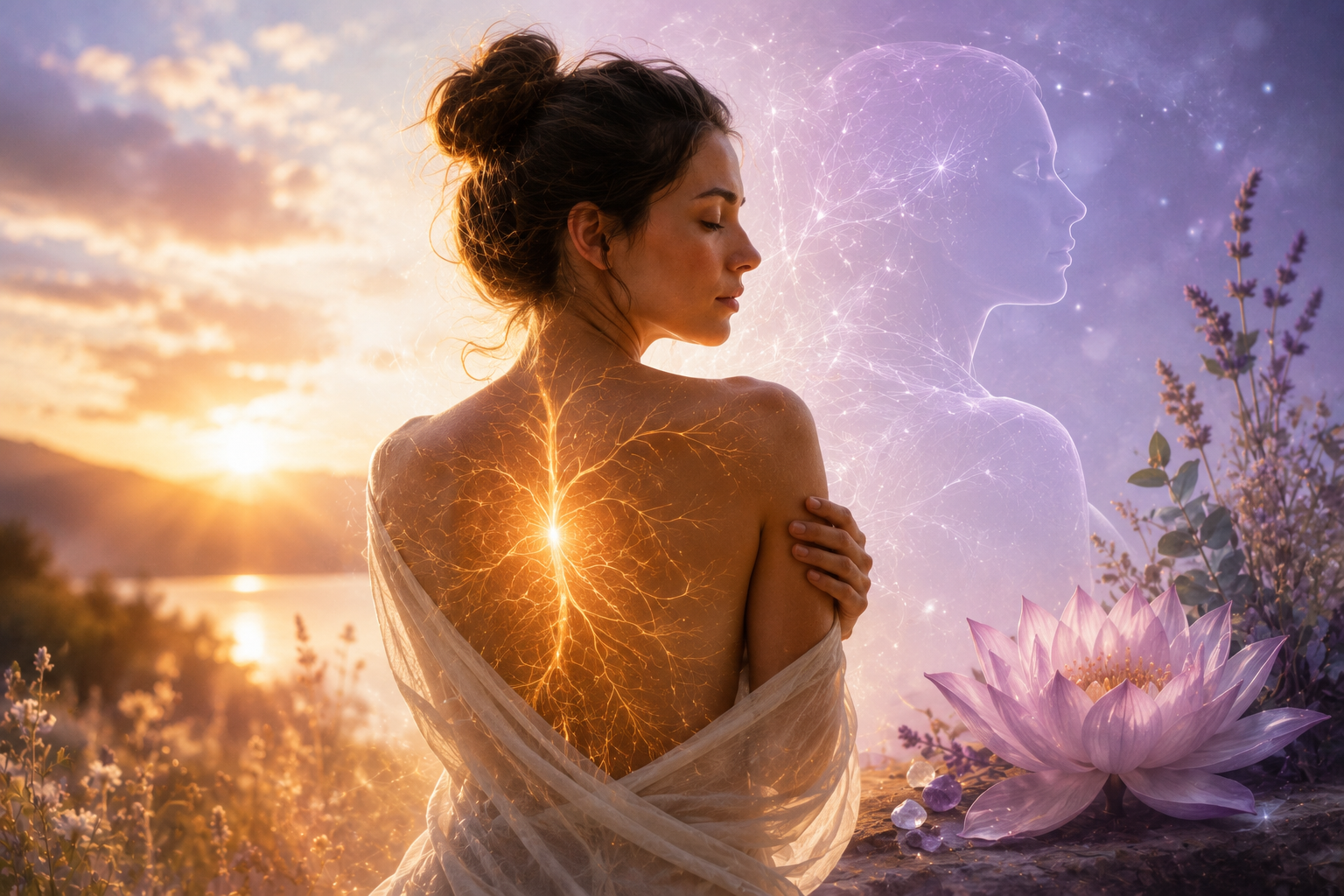 Mujer con una luz recorriendo la columna vertebral como símbolo de la conexión entre el cuerpo, las emociones y la sanación energética.