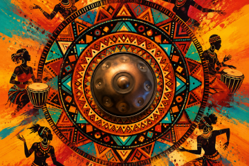 Ilustración digital inspirada en la música de Harmonize, FAUN y Eluveitie, con un handpan central, un mandala de inspiración africana y colores vibrantes que evocan ritmo, naturaleza y conexión espiritual.