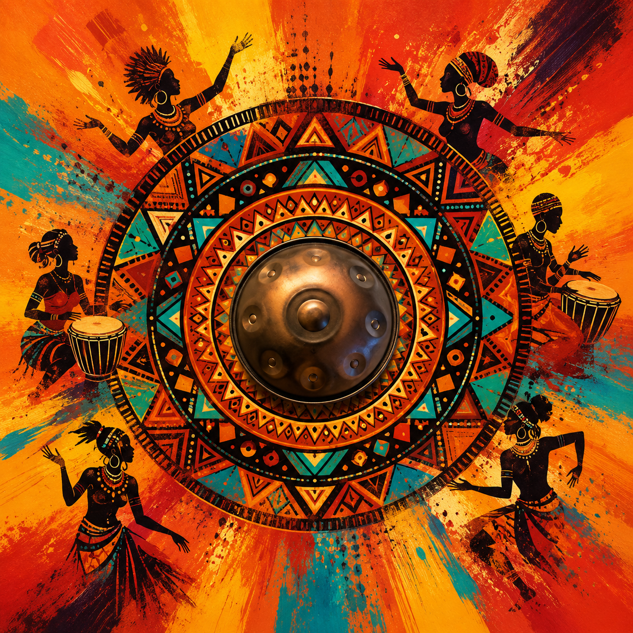 Ilustración digital inspirada en la música para sanar el alma, con handpan, un mandala de inspiración africana y referencias a Harmonize, FAUN y Eluveitie.